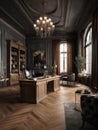 Luxurious classic office interior with beautiful wooden furniture, with big windows. Generative Ai
