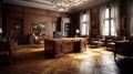 Luxurious classic office interior with beautiful wooden furniture, with big windows. Generative Ai