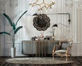 Luxurious classic reception hall design with armchair console mirror on the wall in white and gray colors