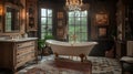 Luxurious clawfoot tub in antique bathroom, forest view Royalty Free Stock Photo