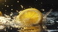 A luxurious, close-up shot of lemon juice splashing from a floating slice, frozen in time. Rich