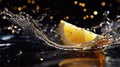 A luxurious, close-up shot of lemon juice splashing from a floating slice, frozen in time. Rich