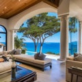 238 A luxurious coastal mansion with panoramic ocean views, infinity pool, and private beach access, offering the epitome of sea Royalty Free Stock Photo