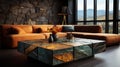 Luxurious Coffee Table With Rustic Textures And Vivid Color Blocks