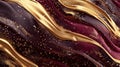 A luxurious and colorful flow background showcasing liquid sticky gold and dark burgundy paint, creating a visually striking