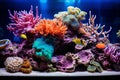 Within the luxurious confines of a coral aquarium, a myriad of colorful and diverse corals captivates the eye