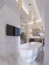 Luxurious contemporary bathroom with a free-standing bath and TV on the wall, shower, vanity with mirror and wall lamp Royalty Free Stock Photo