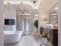 Luxurious contemporary bathroom with a free-standing bath and TV on the wall, shower, vanity with mirror and wall lamp Royalty Free Stock Photo