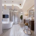 Luxurious contemporary bathroom with a free-standing bath and TV on the wall, shower, vanity with mirror and wall lamp Royalty Free Stock Photo