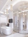 Luxurious contemporary bathroom with a free-standing bath and TV on the wall, shower, vanity with mirror and wall lamp Royalty Free Stock Photo