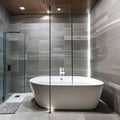 3 A luxurious, contemporary bathroom with marble tile, a glass shower, and a statement bathtub2, Generative AI Royalty Free Stock Photo