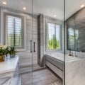 3 A luxurious, contemporary bathroom with marble tile, a glass shower, and a statement bathtub4, Generative AI Royalty Free Stock Photo