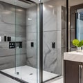 3 A luxurious, contemporary bathroom with marble tile, a glass shower, and a statement bathtub1, Generative AI Royalty Free Stock Photo