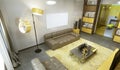 Luxurious contemporary living room in pale grey, yellow and brow