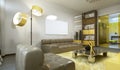 Luxurious contemporary living room in pale grey, yellow and brow