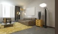 Luxurious contemporary living room in pale grey, yellow and brow