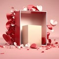 Luxurious Cosmetic Product Presentation with Podium, Red Surprise Gift Box, Falling Rose Petals, and Abstract Themes for Valentine