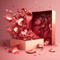 Luxurious Cosmetic Product Presentation with Podium, Red Surprise Gift Box, Falling Rose Petals, and Abstract Themes for Valentine