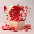 Luxurious Cosmetic Product Presentation with Podium, Red Surprise Gift Box, Falling Rose Petals, and Abstract Themes for Valentine