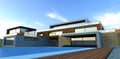 Luxurious country villa with pool. Futuristic style. Wall cladding concrete, slate, and facade board. Glass enclosed terraces.