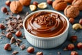 Luxurious Creamy Chocolate Hazelnut Spread in White Bowl Amidst Fresh Hazelnuts and Walnut Halves Delicious Nutty Indulgence