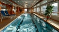 Luxurious cruise ship indoor swimming pool and spa area with sun loungers and exercise equipment. Royalty Free Stock Photo