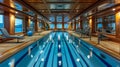 Luxurious cruise ship indoor swimming pool and spa area with sun loungers and exercise equipment. Royalty Free Stock Photo