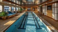 Luxurious cruise ship indoor swimming pool and spa area with sun loungers and exercise equipment. Royalty Free Stock Photo