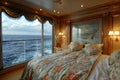 Luxurious cruise ship stateroom with a private balcony and elegant decor. Royalty Free Stock Photo