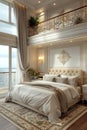 Luxurious cruise ship stateroom with a private balcony and elegant decor.3D render Royalty Free Stock Photo