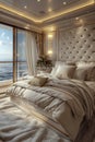 Luxurious cruise ship stateroom with a private balcony and elegant decor.3D render Royalty Free Stock Photo