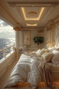 Luxurious cruise ship stateroom with a private balcony and elegant decor.3D render Royalty Free Stock Photo