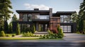 Luxurious cubic house with wooden cladding and black panel walls, featuring beautiful landscaping