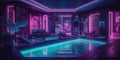 Luxurious cyberpunk-style hotel spa with a futuristic indoor pool area