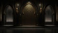 Luxurious 3D render Islamic wall art with arabesque patterns in black, gold. Ornate golden elements adorn structure, featuring Royalty Free Stock Photo