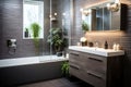 Luxurious dark bathroom with bathtub and washbasin with indoor houseplants and window