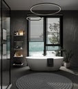 Luxurious dark modern bathroom with shower, bathtub and large window, sink with mirror and decor, marble gray tile, 3d rendering Royalty Free Stock Photo