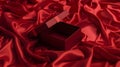 Luxurious Dark Red Gift Box on Elegant Draped Red Satin Fabric Background Royalty Free Stock Photo