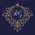 Luxurious decorative frame. Gold decorative floral frame and monogram initials. Vector heraldic templates.