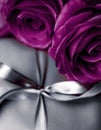 Luxury holiday silver gift box and purple roses as Christmas, Valentines Day or birthday present Royalty Free Stock Photo