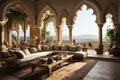 Luxurious designed interior of Arabic style hotel. Open air houses terrace