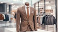 Luxurious designer suit display with copy space in upscale mall, exuding elegance and style