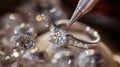 A luxurious diamond ring being inspected, surrounded by sparkling gems. Precision, elegance, and craftsmanship.