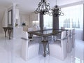 Luxurious dining room with dining table and designer chairs.