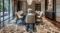 In a luxurious dining room a geometric rug with angular shapes in shades of silver and taupe anchors the room. The sleek