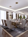 Luxurious dining room with a large table and soft chairs in a classic apartment