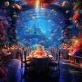 Luxurious Dining Setup Surrounded by Underwater Scenes