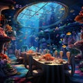 Luxurious Dining Setup Surrounded by Underwater Scenes