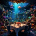 Luxurious Dining Setup Surrounded by Underwater Scenes