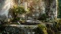 luxurious dinner setting inside overgrown ruin with moss and cracked marble Royalty Free Stock Photo